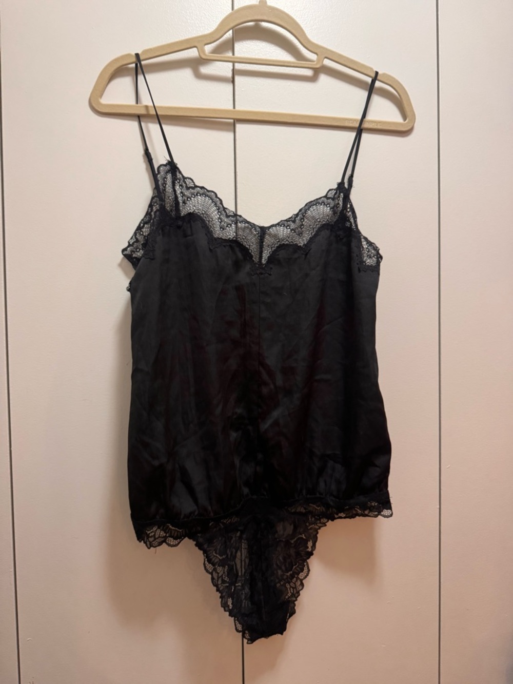 Black Lace-Trim Satin Bodysuit